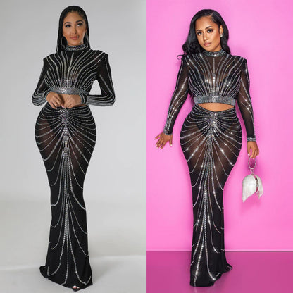 Women's Long Sleeve Mesh Rhinestone Two-piece Suit