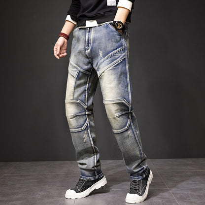 Men's Multi Pocket Workwear Distressed Yellow Jeans