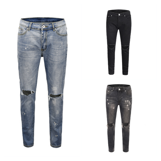 High street kanye spray-painted knee-cut slim-fit jeans