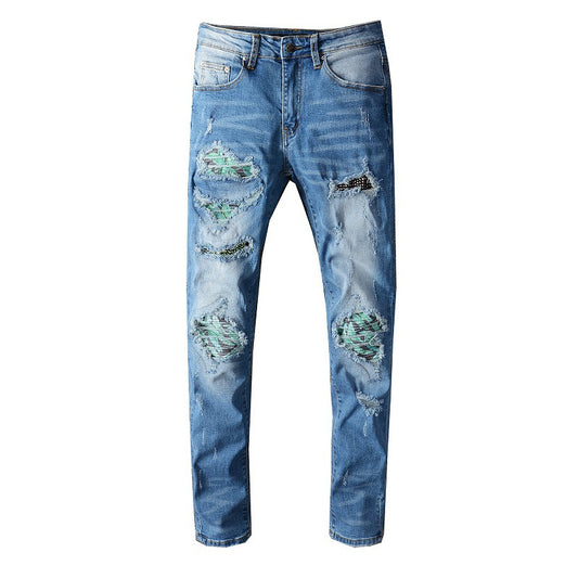 High Street Tide Brand Ripped Hole Colorful Patches Men's Jeans for Good Slim Fit