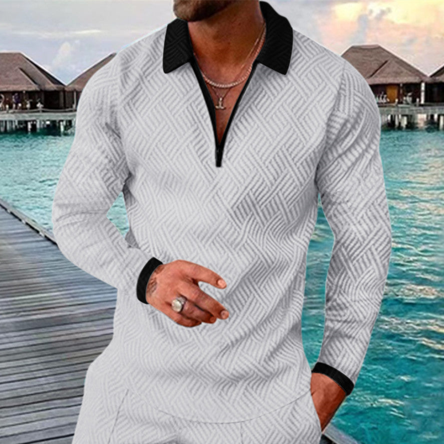 Men's Lapel Zipper Long Sleeve POLO Shirt New Casual T-Shirt