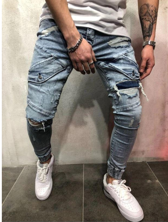 Cross-border foreign trade explosion models new men's slim jeans black hole men's denim beam blue feet pants