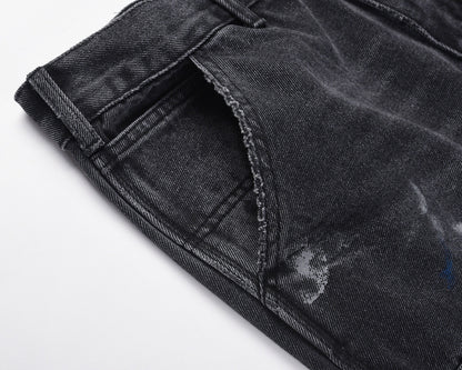 Washed Ink Splattered Ripped Black Zip-Up Jeans