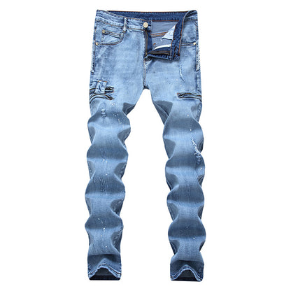 European And American High-street Fashion Men's Zippered Torn Jeans