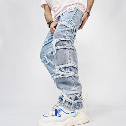 High Street Trousers Man's Pants Full Length Patched Straight Fit Men's Hip Hop Jeans