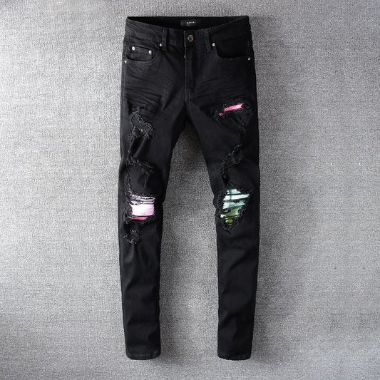 Black Ripped Patch Skinny Stretch Skinny Jeans