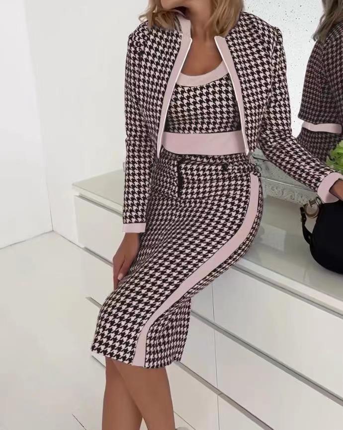 Printed Long Sleeve Coat Vest Plus Skirt Three-piece Suit