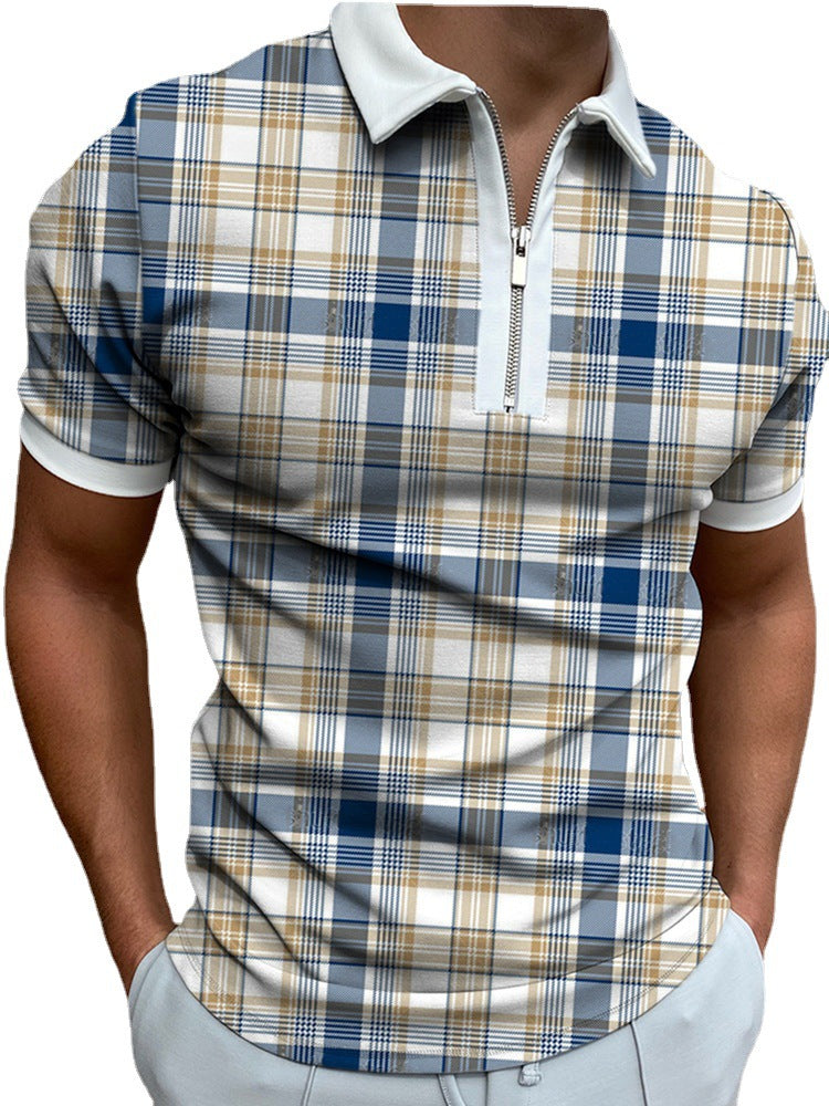 European And American POLO Zipper Checkered Men's T-shirt