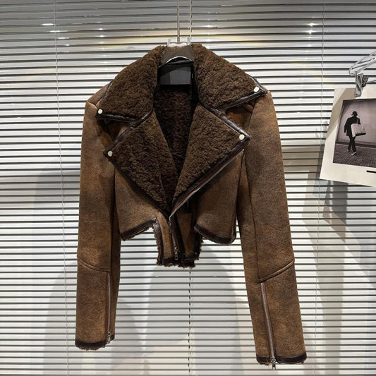 Lapel Fur Leather Coat Autumn Motorcycle Winter Jacket Coat