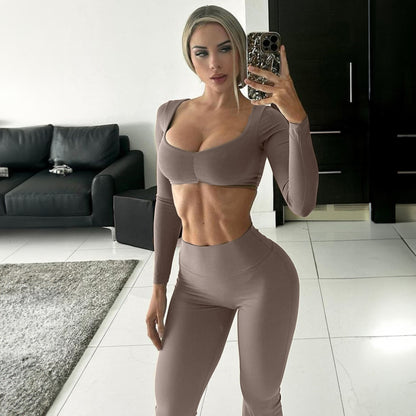 Cropped Slim Long Sleeve Top Hip Lifting Tights Two-piece Set