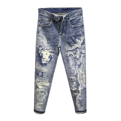 Lion Print Men's Jeans Summer New Slim Fit