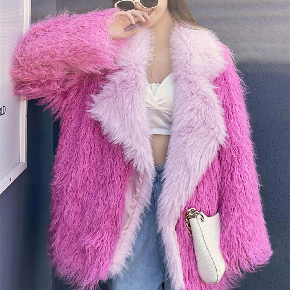 Beach-faux Wool Mid-length Coat Peach Fur Coat