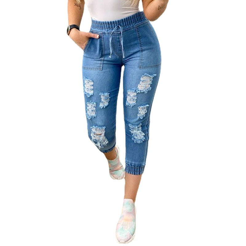 European And American Women's New Blue Ripped Jeans