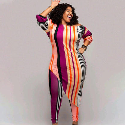 Women's Clothing Casual Fashion Printing Striped Suit Two-piece Set