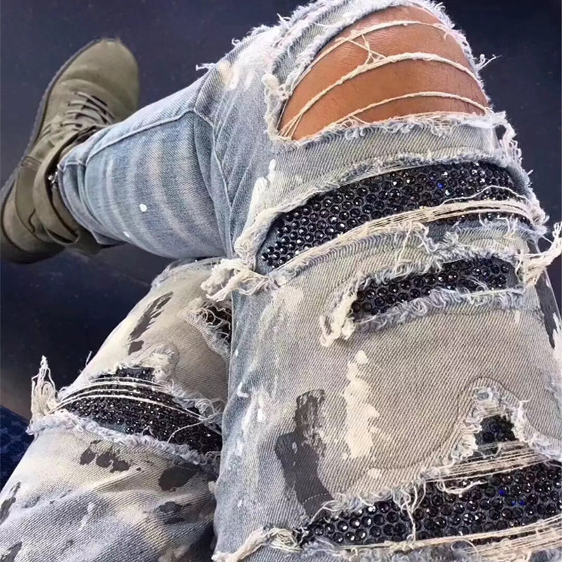 Paint splash trousers hot drilling ripped jeans