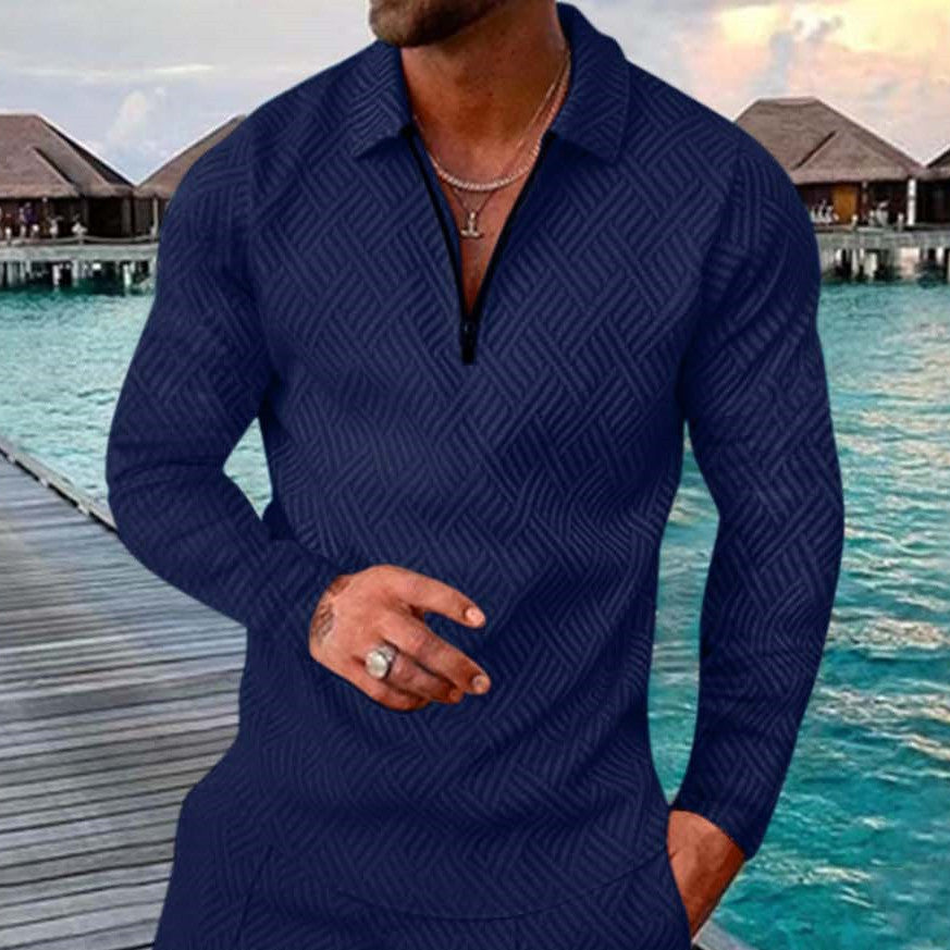 Men's Lapel Zipper Long Sleeve POLO Shirt New Casual T-Shirt