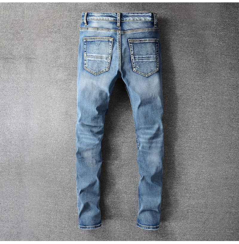 European And American High Street Men's Trend Slim Elastic Knee Ripped Leather Jeans