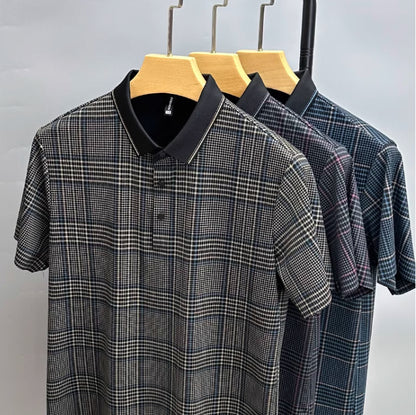 Summer Thin Section Traceless Shirt Collar Plaid Printed Clothing For Middle-aged Dad Half Sleeve Polo Shirt