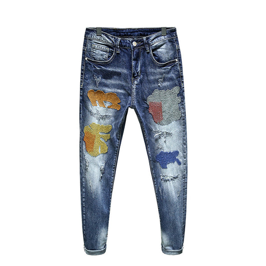 Summer Men's Self-cultivation Tide Brand Youth Small Feet Print Jeans