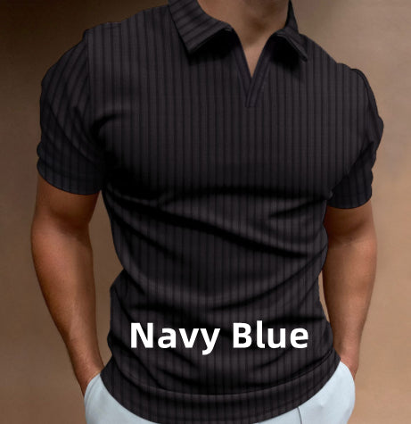 New Polo Shirt Lapel V-line Striped Short-sleeved Men's T-shirt