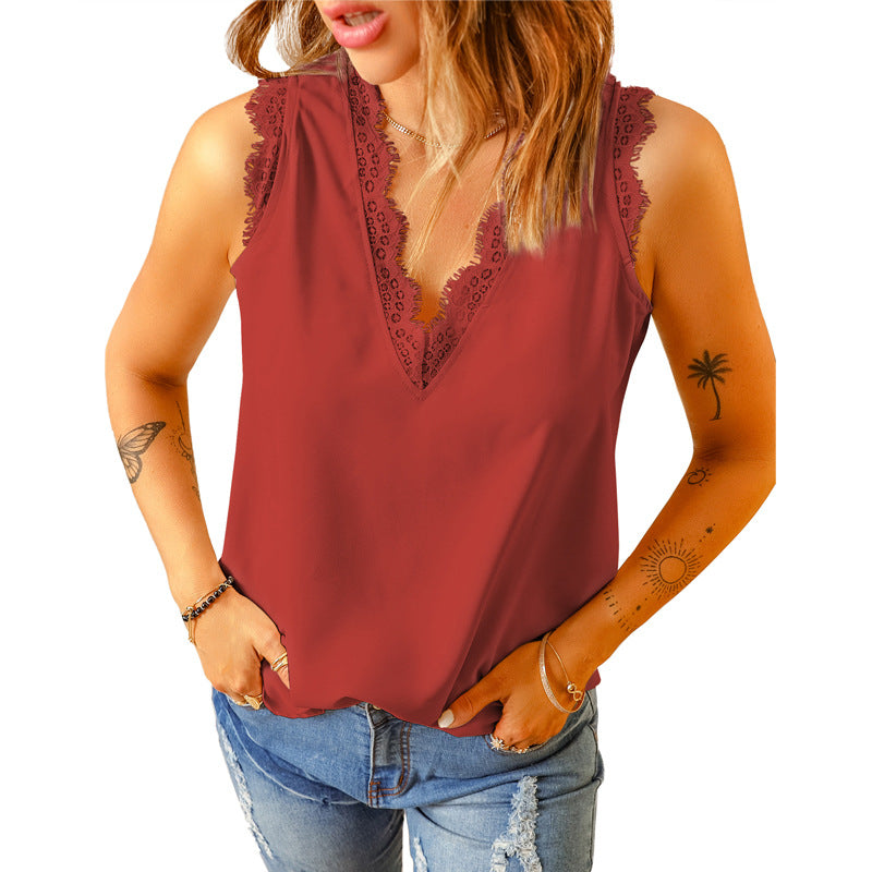 Bottoming Vest T-shirt Women's Summer European And American V-neck Lace Sleeveless Loose Top 253064