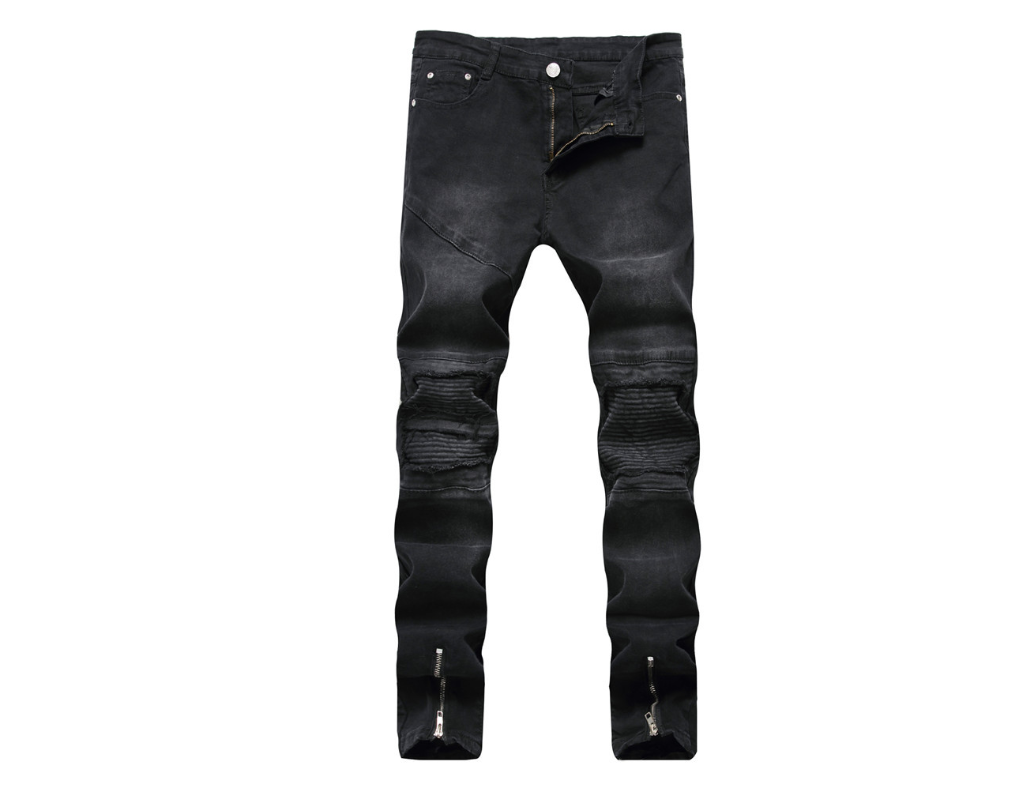 New jeans men's foreign trade motorcycle knee folds hole side zipper stretch feet men's pants