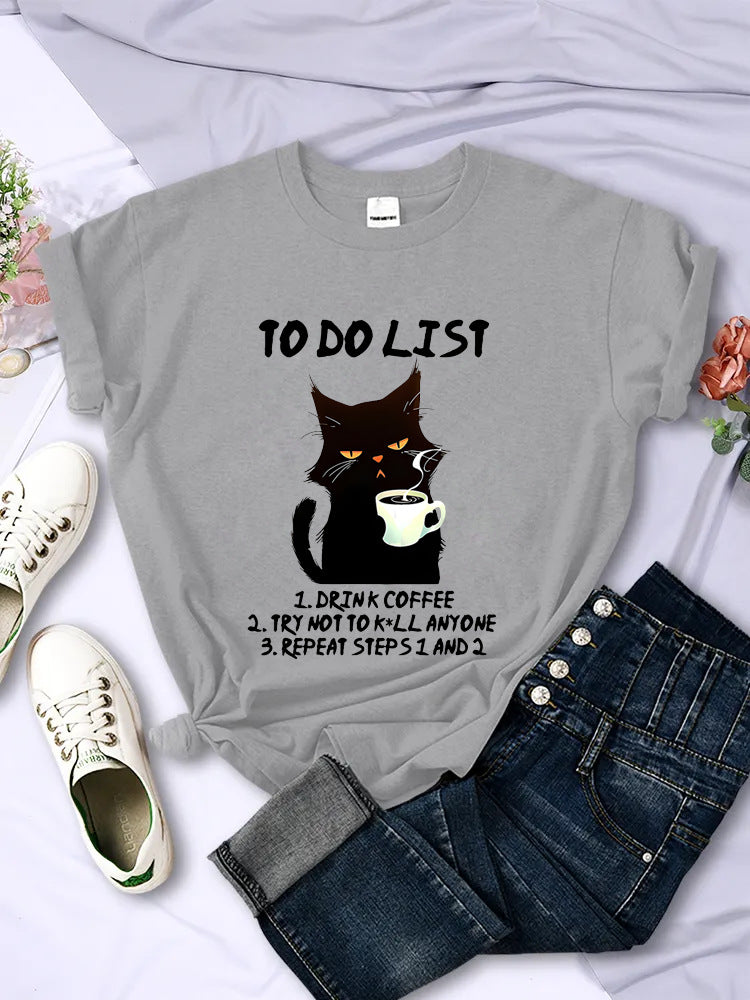 Black Cat To-do List Pattern T-shirt Funny Cat Coffee