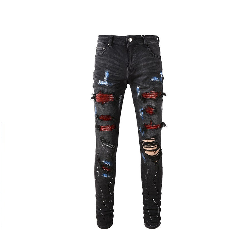 New Style Stretch Vintage Black Ripped Patch Jeans Male