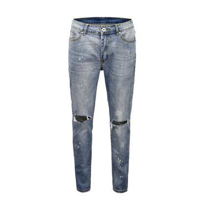 High street kanye spray-painted knee-cut slim-fit jeans