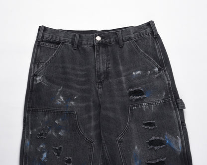 Washed Ink Splattered Ripped Black Zip-Up Jeans