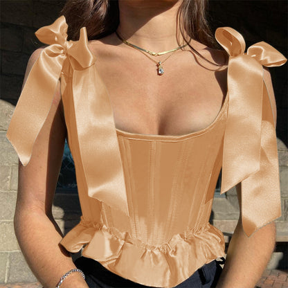 Fishbone Waist Bow Shoulder Strap Ruffled Top