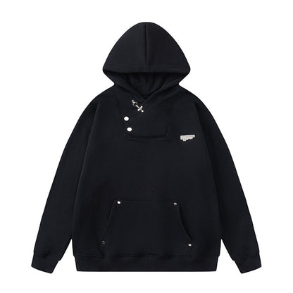 Metal Buckle Thickened Hooded Sweatshirt Men's Ins Casual Solid Color Pullover Hoodie