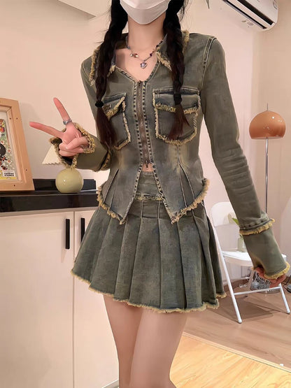 Hot Girl Washed Frayed Hem Denim Short Coat Two-piece Suit