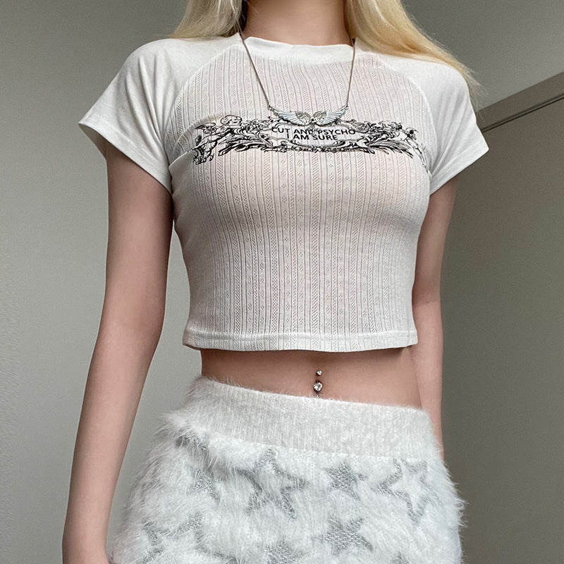 Hooked Mechanism Printed Navel Exposed Short Sleeves