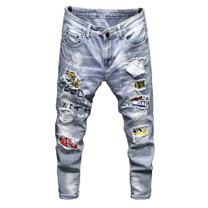 Men's Fashion Stretch Spray Paint Ripped Jeans