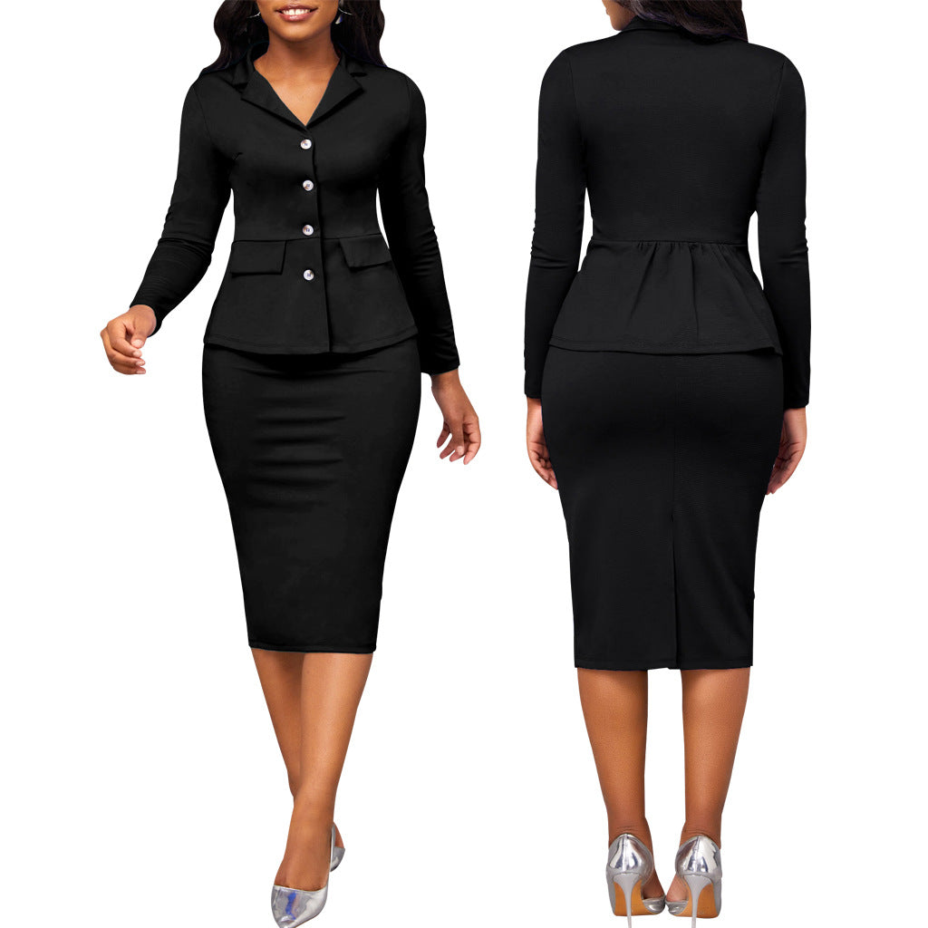 Fashion Solid Color Long-sleeved White Collar Women's Two-piece Suit