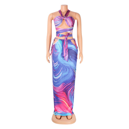 Printed Chest Wrap Ladies Two-piece Set