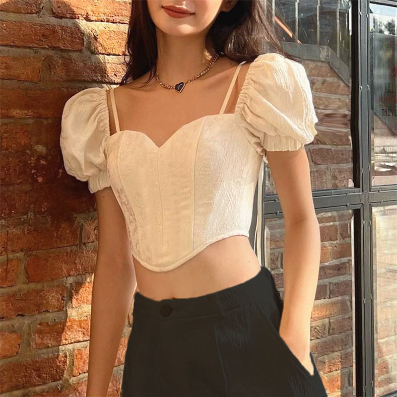 Summer Sexy French Style Square Collar Back Bow Puff Short Sleeve Top