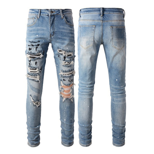 Splash Ink Graffiti Diamond Men's Jeans Ripped Holes Paint Stretch Slim Fit