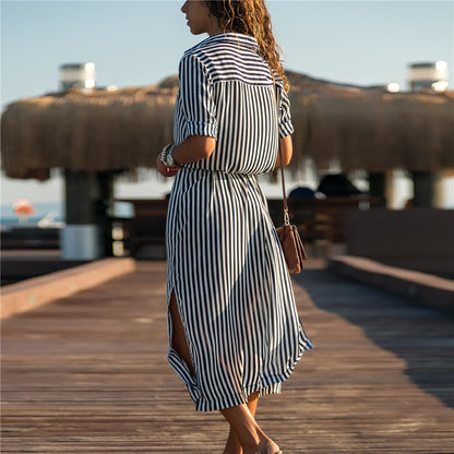 Stripe Shirt Women's Dress Spring Summer Chiffon V-neck Sexy Maxi Dresses Sexy Elegant Casual Girl Lace Women Long Sleeve