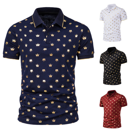 Men's Fashion Crown Bronzing Print Short Sleeve Lapel T-Shirt POLO Shirt