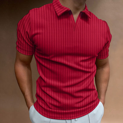 New Polo Shirt Lapel V-line Striped Short-sleeved Men's T-shirt