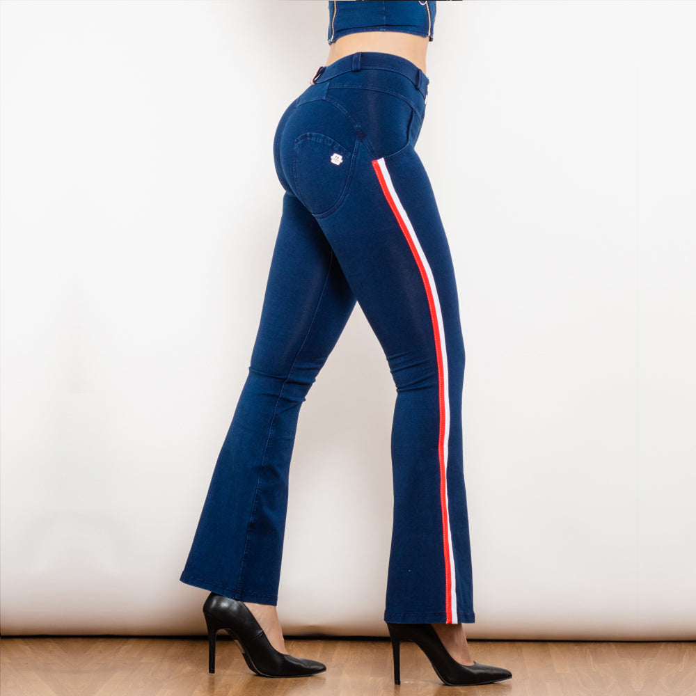 Shascullfites Melody Fashion White Red Side Stripe Flare Jeans Butt Lifting Female Casual Elasticity Dark Blue Denim Bell Pants