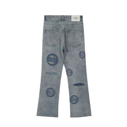 Men's Loose Shredded Embroidered Washed Distressed Jeans