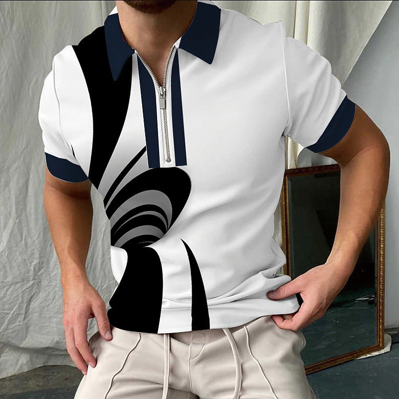 European And American Men's Tie-dyed Printing Lapel Short-sleeved Zipper Polo Shirt