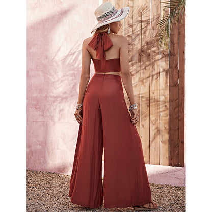 Halter Tank-top High Waist Wide Leg Pants Two-piece Set