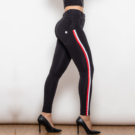 Shascullfites Melody Middle Waist Dark Thread Black Jeans With White&Red Stripe Pants Women Butt Lift Jeans Shaping Pants