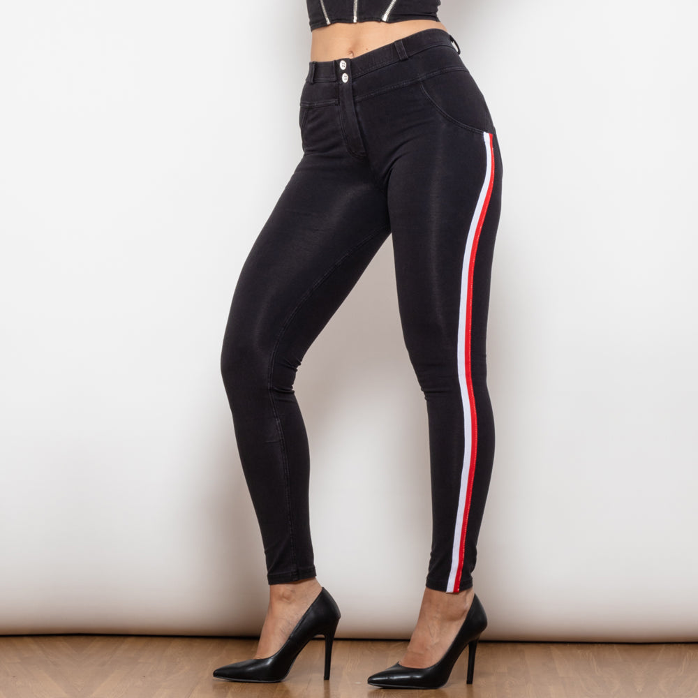 Shascullfites Melody Middle Waist Dark Thread Black Jeans With White&Red Stripe Pants Women Butt Lift Jeans Shaping Pants