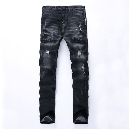 European And American High-street Fashion Men's Zippered Torn Jeans