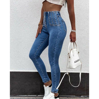 High Waist Breasted Skinny Denim Trousers